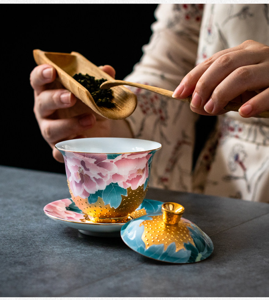 【999真金】鎏金工艺第一人/湖南省工艺美术大师肖建辉 鎏金盖碗