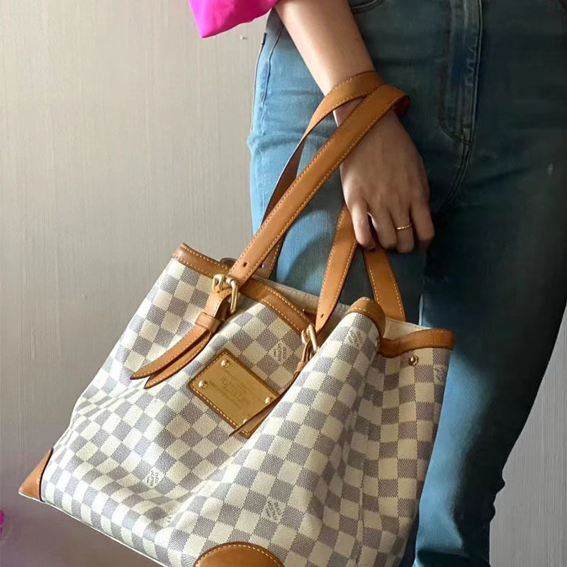 [95新]lv路易威登白色棋盘格托特包腋下包大容量单肩手提女包正品