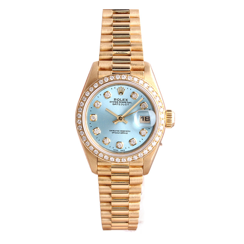 劳力士金表日志型18k黄金自动机械女表腕表69178后镶钻正品95新