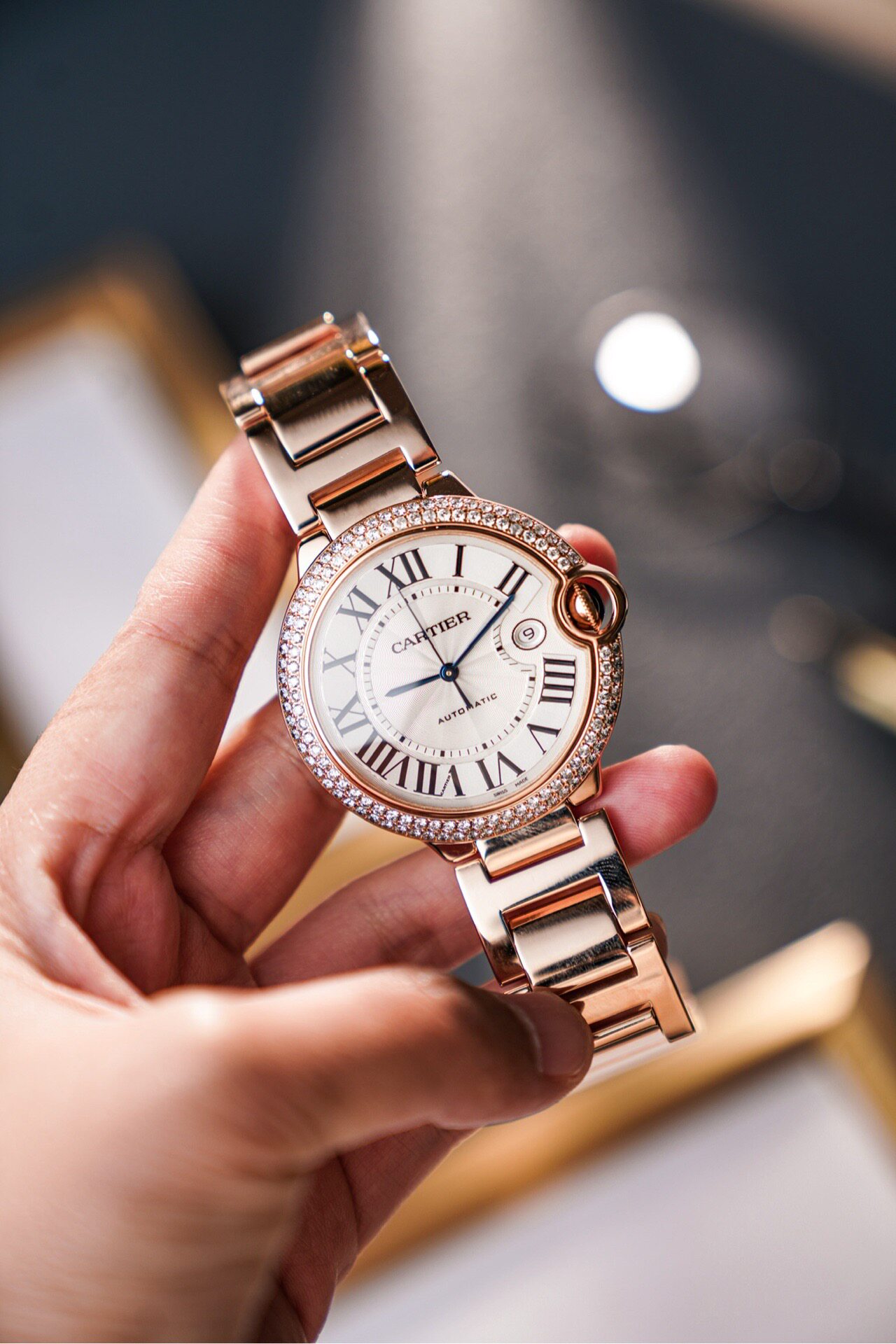 [9.8新]卡地亚蓝气球18k玫瑰金后镶钻自动机械手表男表w69006z2