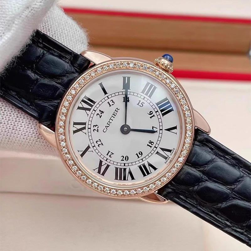 [9.8新]卡地亚rond伦敦系列后镶钻18k玫瑰金石英女表w6701007正品