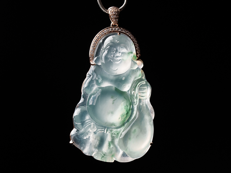 18k金镶嵌钻石老坑翡翠a货冰种飘彩布袋佛公吊坠 17.85克