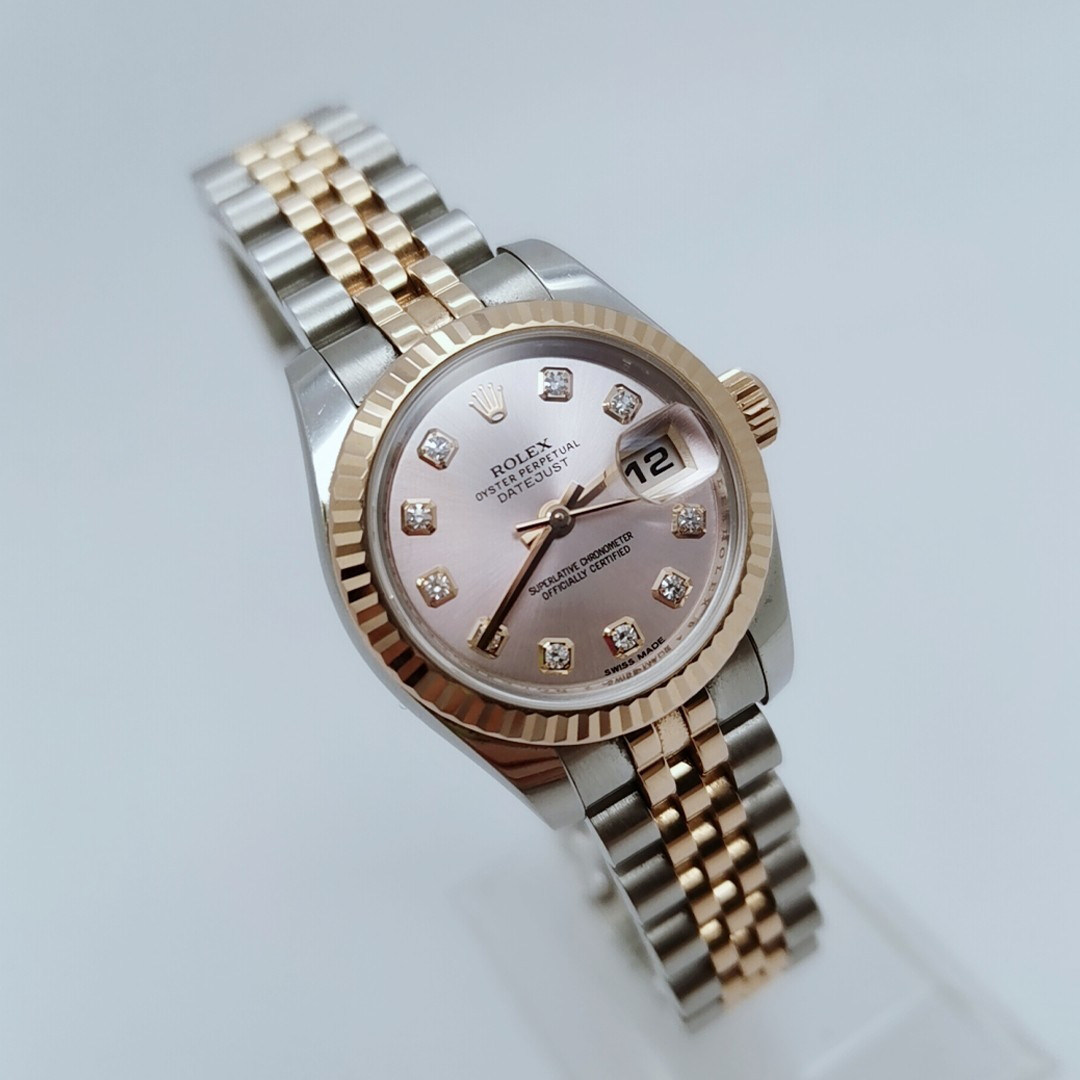 劳力士女表日志型18k玫瑰金粉盘原镶钻自动机械表179171正品9.8新