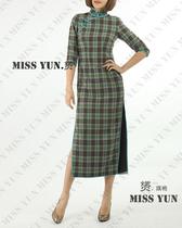 New green grid woolen fashion improved cheongsam skirt Tang suit top can be medium long sleeve cotton-padded jacket Spring and Autumn Winter
