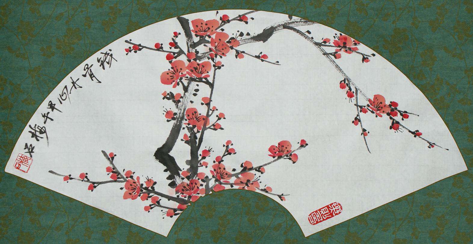 文人画家梅石国画梅花扇面手绘原稿真迹书画.