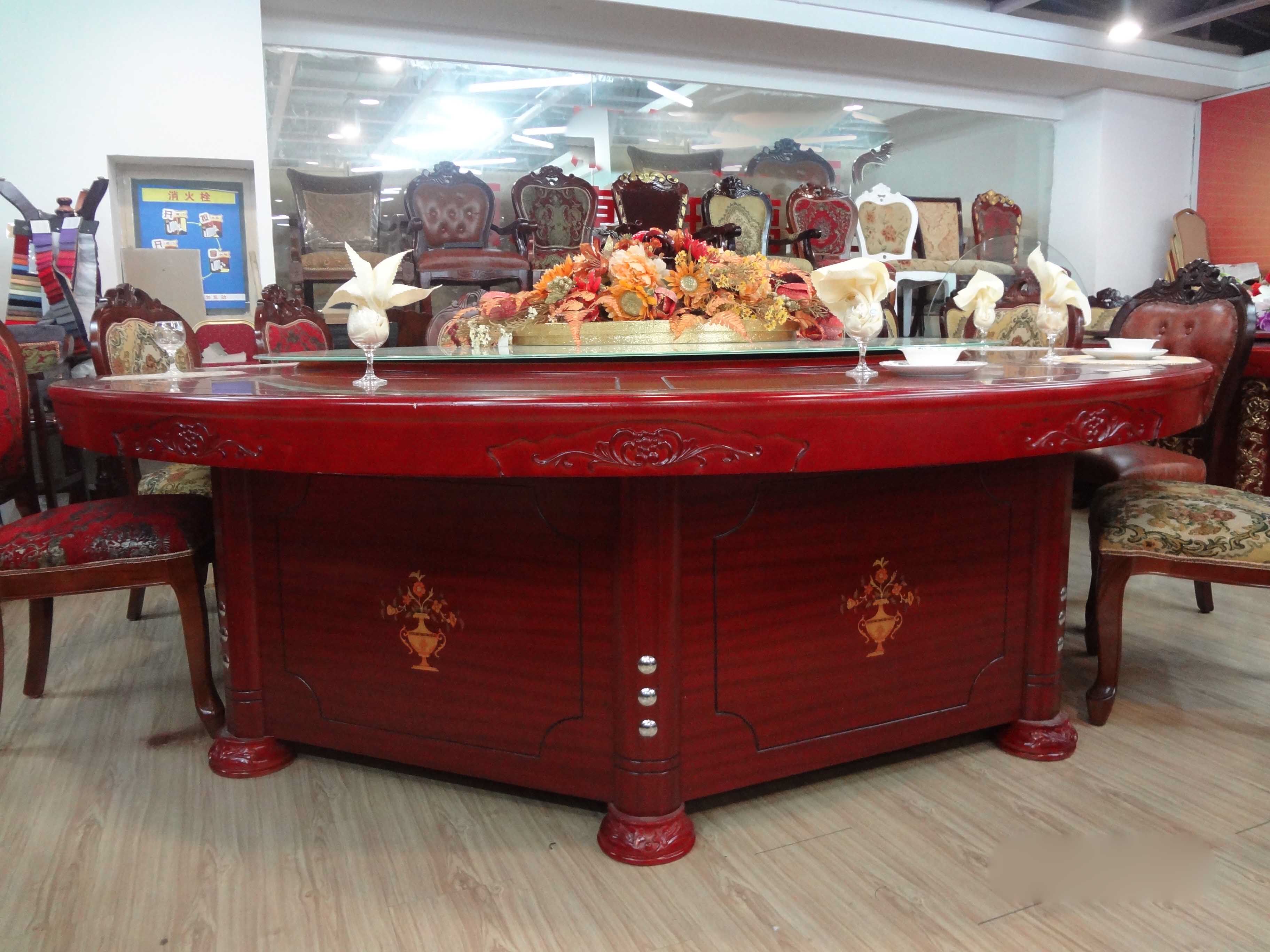 酒店电动餐桌饭店红色油漆餐桌古典宴会大圆桌手动玻璃转盘圆餐