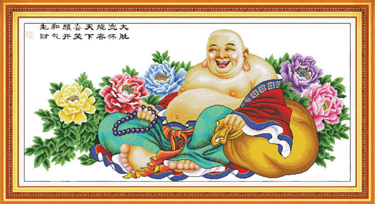 纯手工十字绣成品弥勒佛大肚佛笑口常开牡丹花客厅卧室新款画包邮_7折