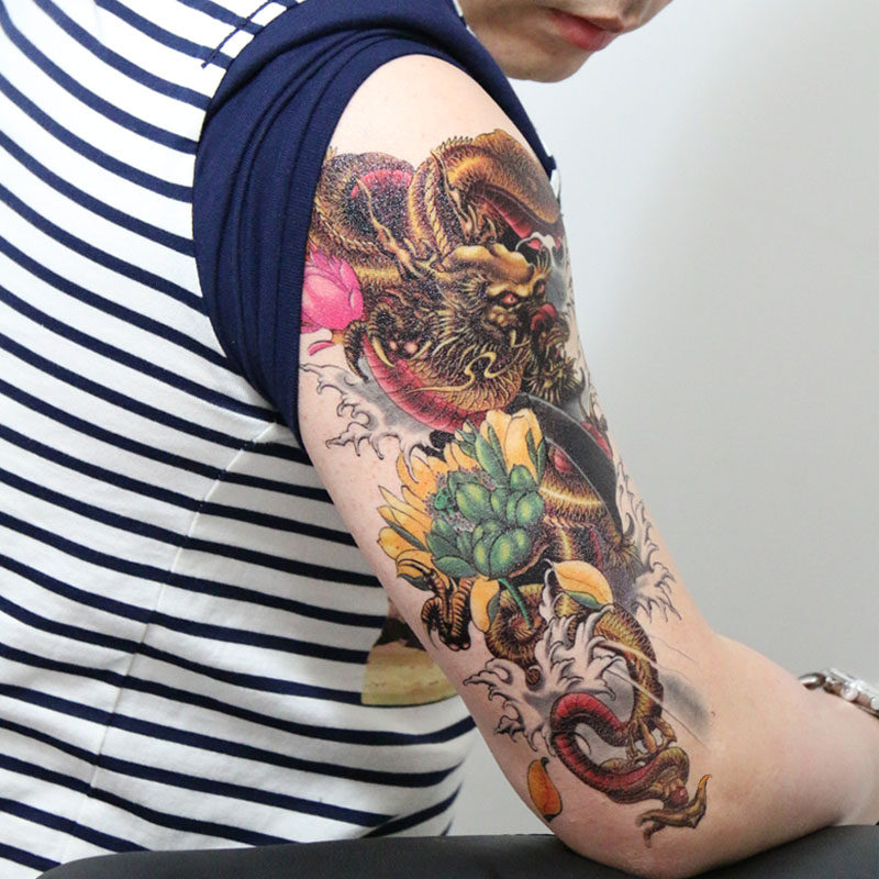 格艾菲纹身贴-腾龙纹身贴防水男纹身贴花臂龙莲花半甲刺青手臂