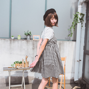 a字高腰碎花格子吊带连衣裙