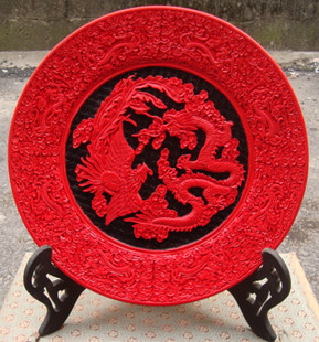 漆器 扬州漆器结婚礼品家居摆件13吋雕漆圆盘 机制剔红包邮 龙凤呈祥