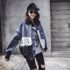 春季新款百搭拼接牛仔外套女短款学生宽松条纹