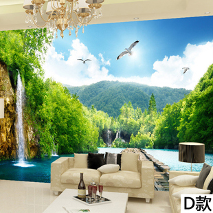 塞拉维3d风景画电视背景墙壁纸现代简约客厅影视墙纸森林溪水墙布