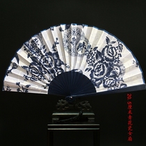 Alan Tech Lady Folding Fan Genuine Silk Bamboo Fan Green Flower Porcelain Style Lace Printed Pattern Womans Dance Fan