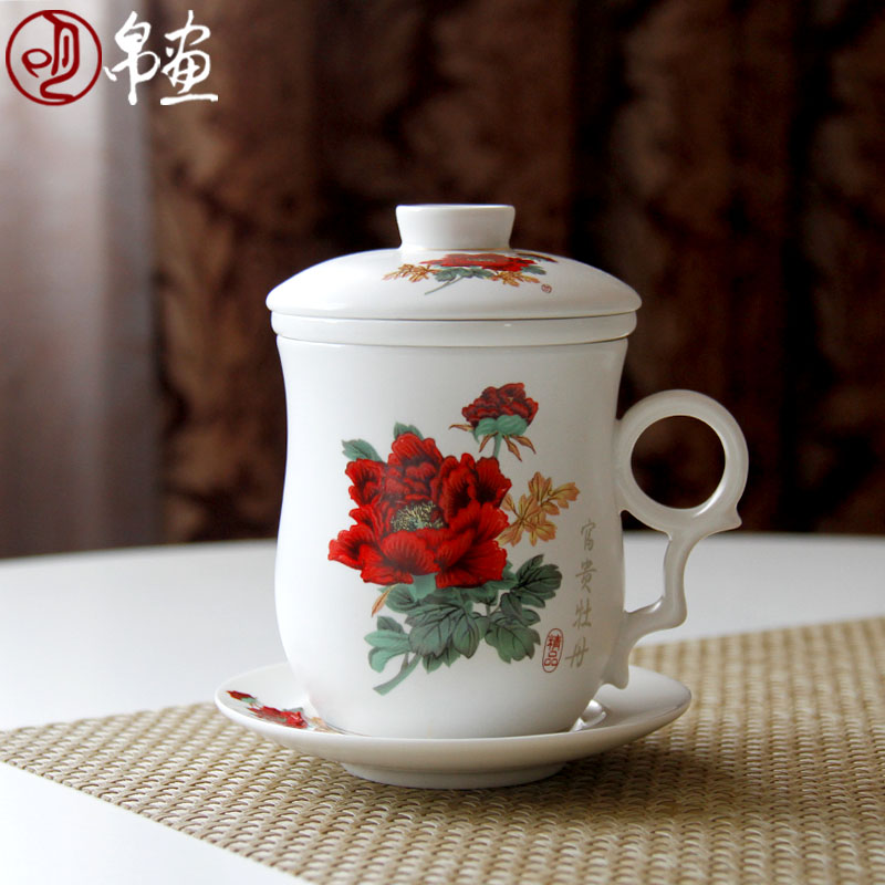 Office of jingdezhen ceramics powder enamel peony with cover cup with the filter glass cup