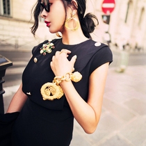 BettyChow small black dress upgraded version elegant temperament covering meat small shell sleeve gold buckle dress self-retention