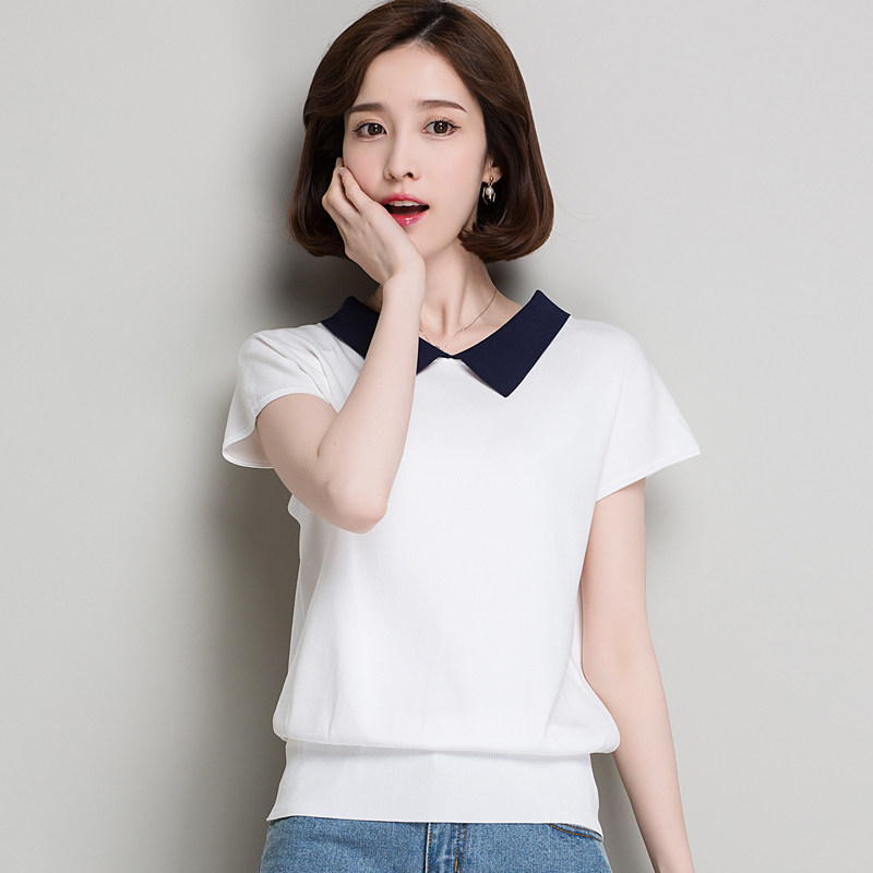 丅恤短袖上衣女夏2017新款冰丝针织衫韩版百搭白色娃娃领夏天t恤