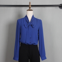 Temperament bow streamer stand collar solid color long sleeve chiffon shirt women 2021 spring and autumn new OL commuter large size