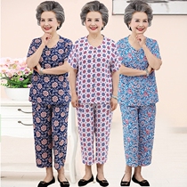 Middle-aged and elderly cotton silk set women Summer artificial cotton short sleeve ankle-length pants loose mother pajamas plus size open home clothes