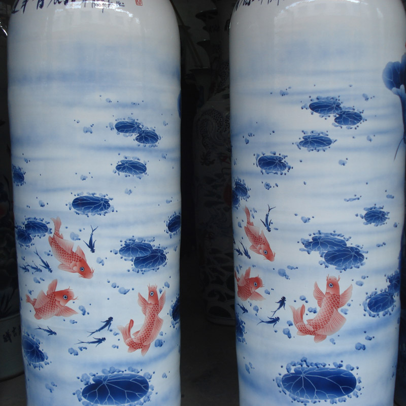 Big quiver of jingdezhen blue and white lotus red carp hand - made porcelain vases, 1.8-2.2 meters Big idea gourd vases