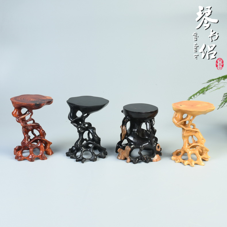 Bonsai base huang Yang purple to red wingceltis ebony carved round base with real wood, jade stone base base