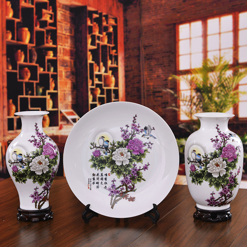 Jingdezhen ceramics three - piece enamel vase sitting room decoration plate home furnishing articles wedding gift