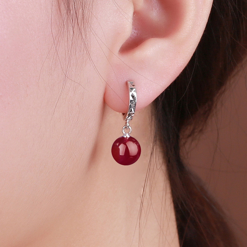 欧维希 925银耳坠气质银耳环女 韩版耳饰红绿玛瑙耳环耳扣产品展示图1