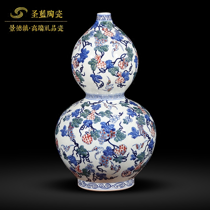 Jingdezhen ceramics hand - made fortune gourd antique Chinese blue and white porcelain vase wine sitting room adornment is placed