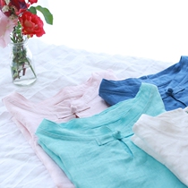 French import raw material Duanzhuang Qingli Zen Serie tea suit Chinese style handmade disc buckle pure linen short sleeve blouses woman