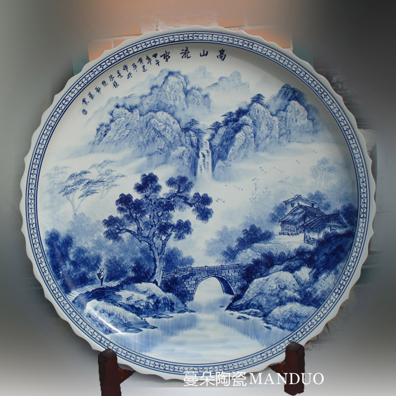 Hand made blue and white landscape big porcelain jingdezhen 1 meter mountain stream grail penjing art ground plate