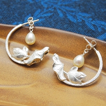 S925 silver earrings female sterling silver simple Half Moon Lotus Pearl literary fresh fashion gift wide face earrings