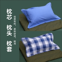 Student pillow Pure blue blue and white grid single cotton pillow cover pillow towel Silk cotton pillow Dormitory bedroom soft pillow