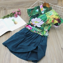 Girls National Wind Lotus Pond Moonlight Short Sleeve Hanfu Cotton Shirt Set Primary School Performance Classical Dance Clothing