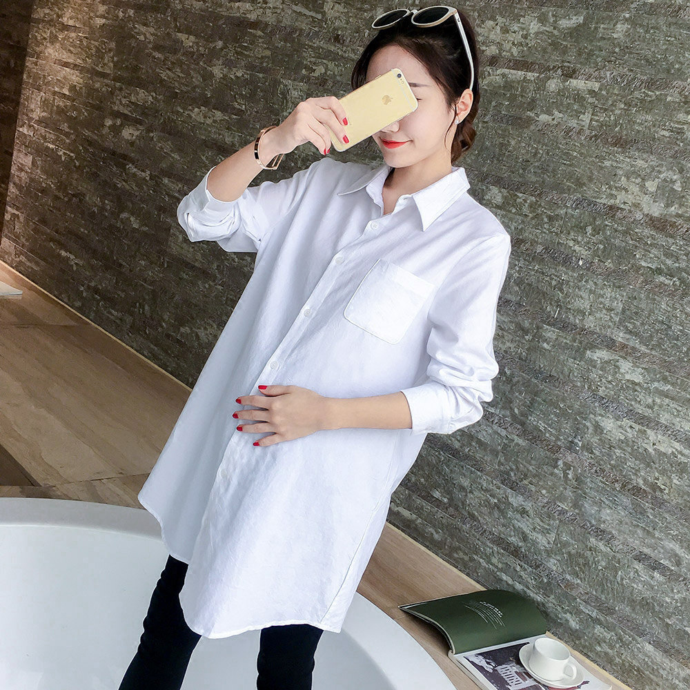 2017孕妇衬衫白色春秋装上衣职业装中长款孕妇装春装新款长袖衬衣