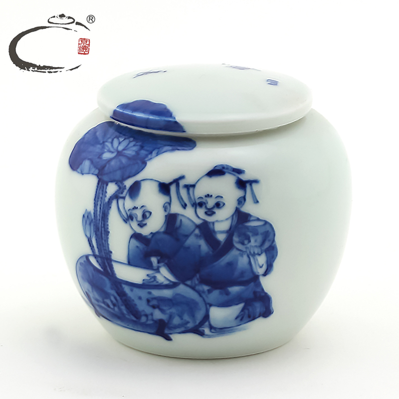 And auspicious jing DE collection jingdezhen blue And white changle lad caddy fixings hand - made ceramic small POTS sealed as cans