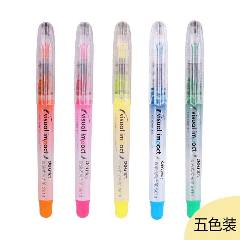 deli s618 direct liquid fluorescent pen, five color outfit, student homework test, punctuation, note taking, graffiti painting writing tool