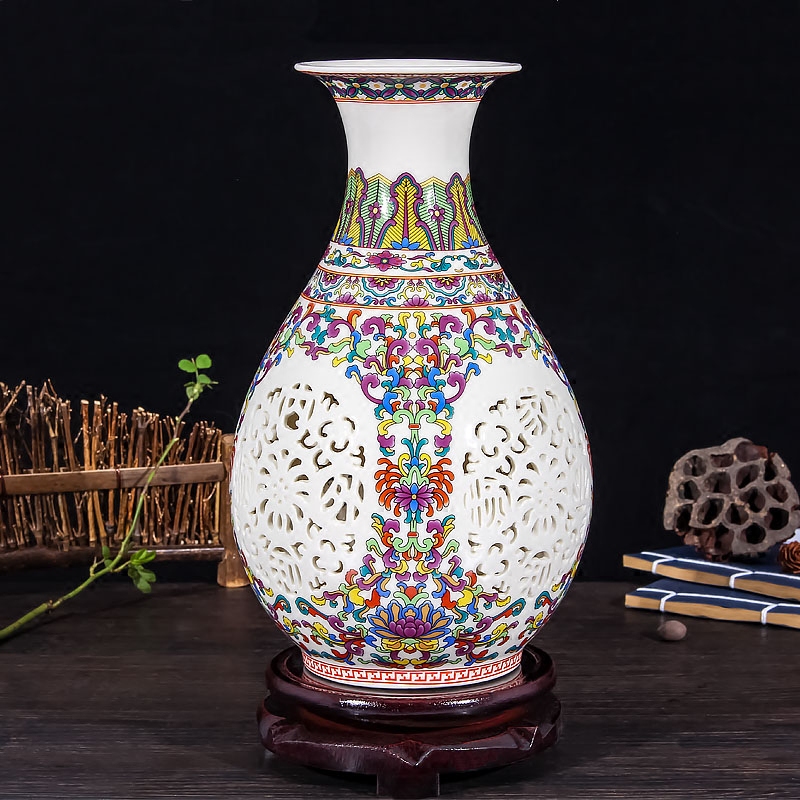 Mesa of jingdezhen ceramics hollow - out thin foetus enamel vase of modern Chinese style household decorates sitting room creative furnishing articles