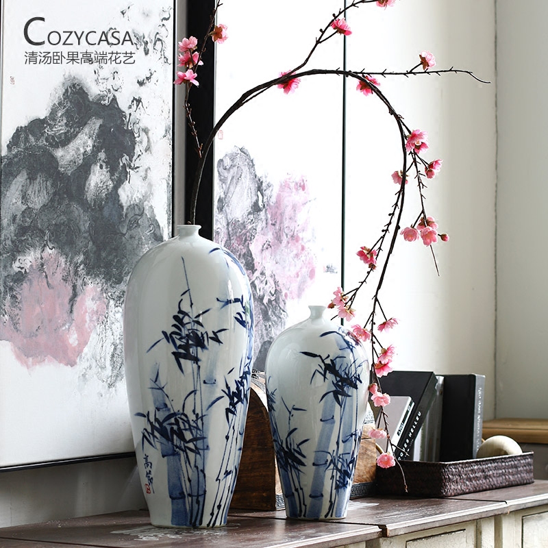 Hand - made bamboo blue and white porcelain vases, new Chinese style beauty shoulder the sitting room is the study of jingdezhen ceramic vase is placed flowers