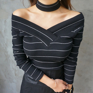 性感一字领露肩长袖t恤衫大码女装黑白条纹紧身显瘦上衣女款秋装