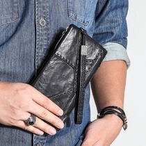Handmade leather wallet mens long zipper wallet personality mens wallet sheepskin youth retro trendy mens clutch