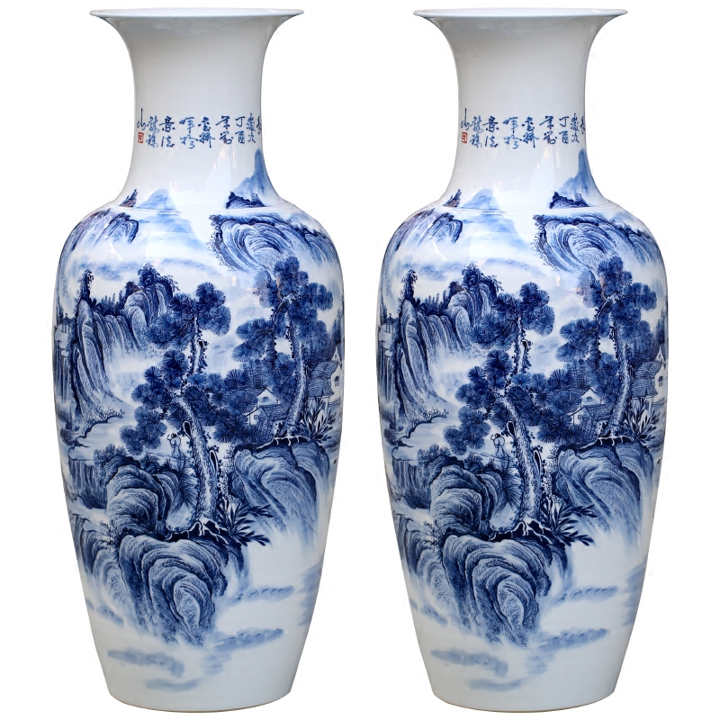 Blue and white landscape big vase jingdezhen ceramics hand - made sitting room adornment landing place hotel opening gifts