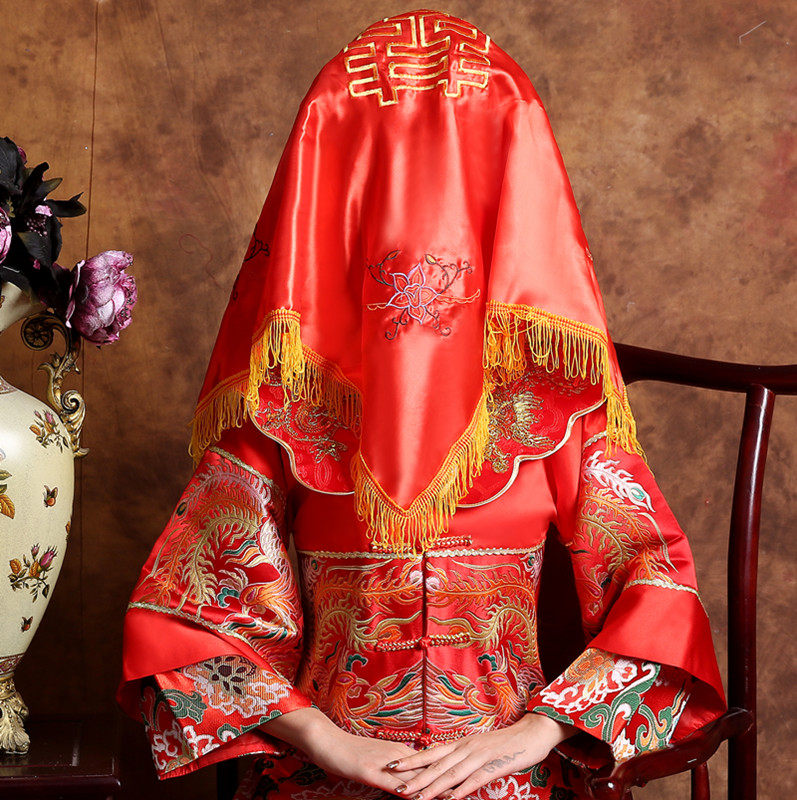 新娘结婚红盖头 喜盖喜帕 蒙头巾 婚庆大红中式喜字流苏盖头_折222网