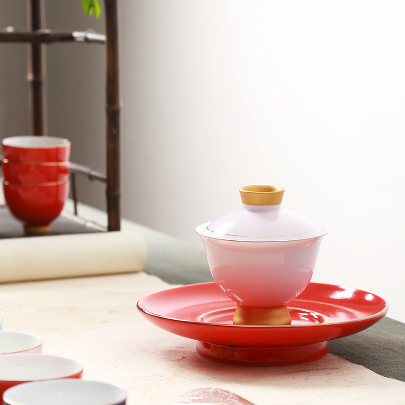 Hong bo love gourmet rainbow tureen beauty shoulder CiHu teapot three bowls of kung fu tea set