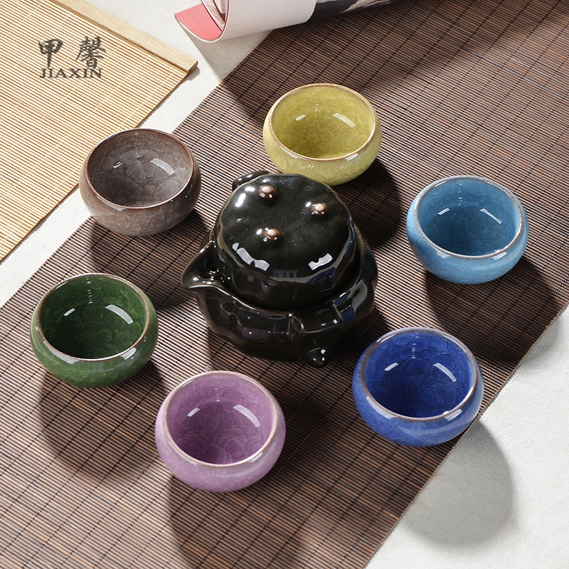 JiaXin a complete set of tea sets and colorful ice crack ceramic kung fu tea set pumpkin pot of crack cup group