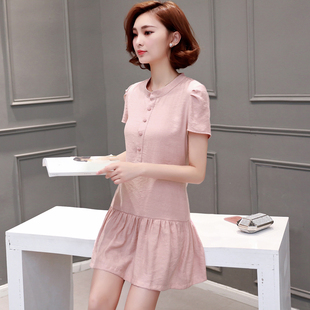 韩版甜美小少女低腰裙子夏装粉色连衣裙夏季新款时尚气质职业短袖
