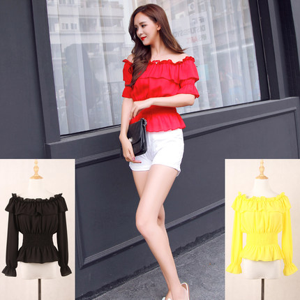 OM CRAZY一字肩短袖女夏上衣甜美雪纺衫荷叶边一字领露肩宽松短款-tmall.com天猫 OM CRAZY一字肩短袖女夏上衣甜美雪纺衫荷叶边一字领露肩宽松短款-tmall.com天猫