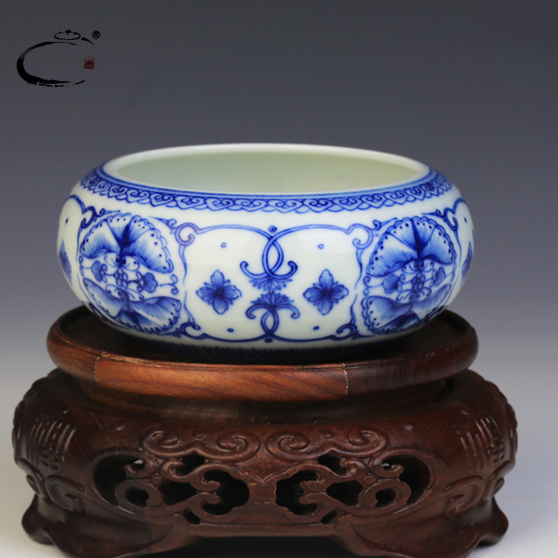 And auspicious jing DE writing brush washer from jingdezhen blue And white ball disc archaize water, after the four treasures of the study supplies a hand - made ceramic large