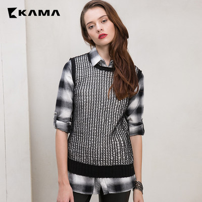 卡玛kama 秋冬新款女士撞色针织中长款显瘦毛织背心 7315450_4折现价