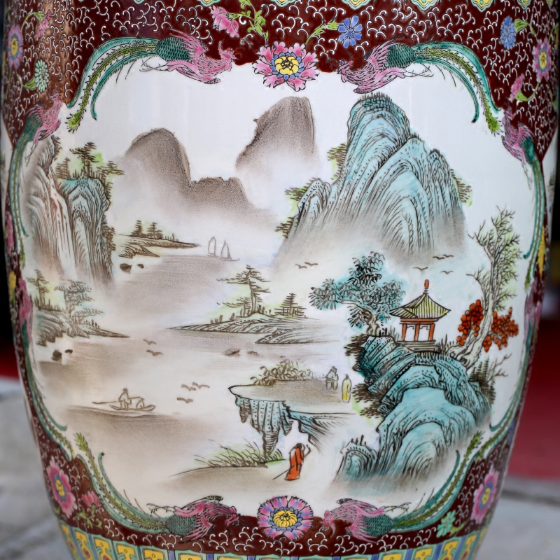 Hand - made pastel landscapes ears landing big vase jingdezhen ceramic furnishing articles of Chinese style household living room decoration