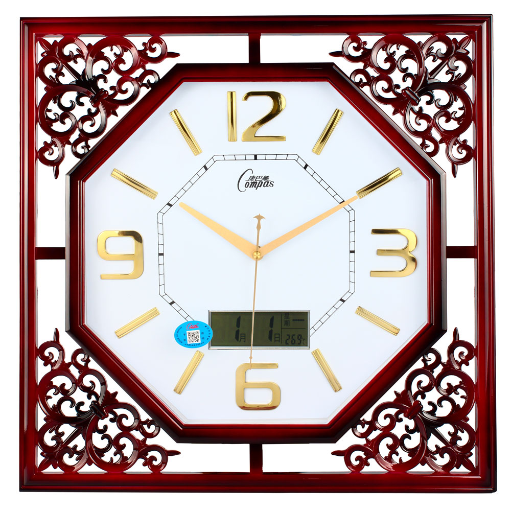 Kangba Silk square Chinese retro style living room clock Big Quartz clock Living room wall clock Silent clock Wall clock