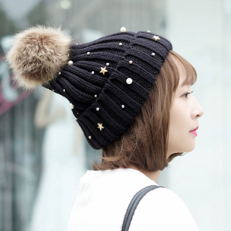 毛球毛线帽女士保暖护耳套头帽钉珠装饰针织帽韩版纯色出游帽子